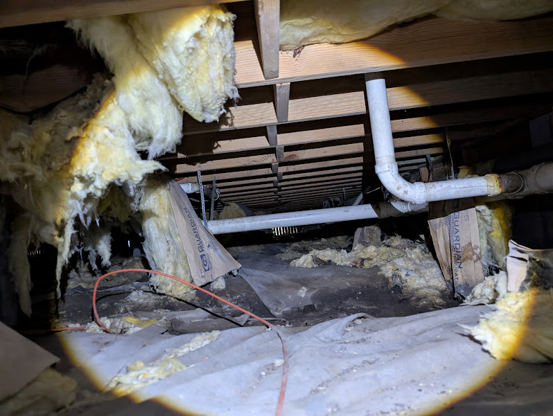 Wet fiberglass batts hanging from the floor framing above a damp crawlspace